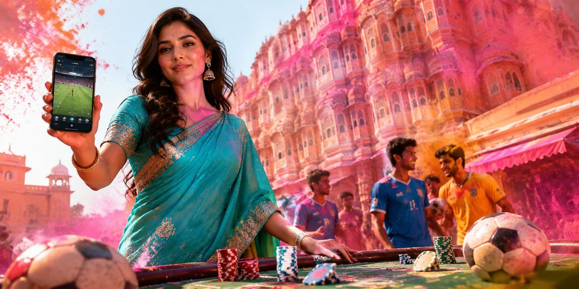 Indian woman placing football bet using mobile phone